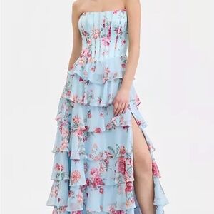 B Darlin Blue Floral Maxi Corset Gown